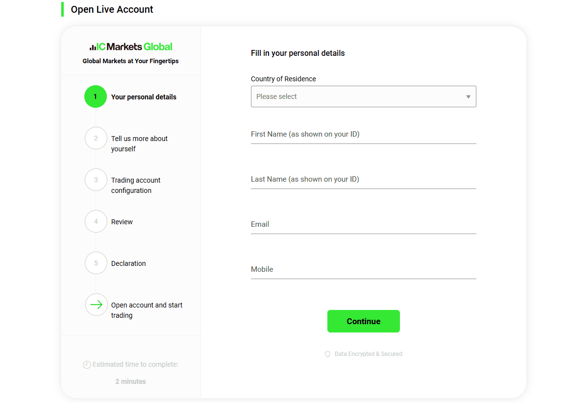 IC markets account opening page